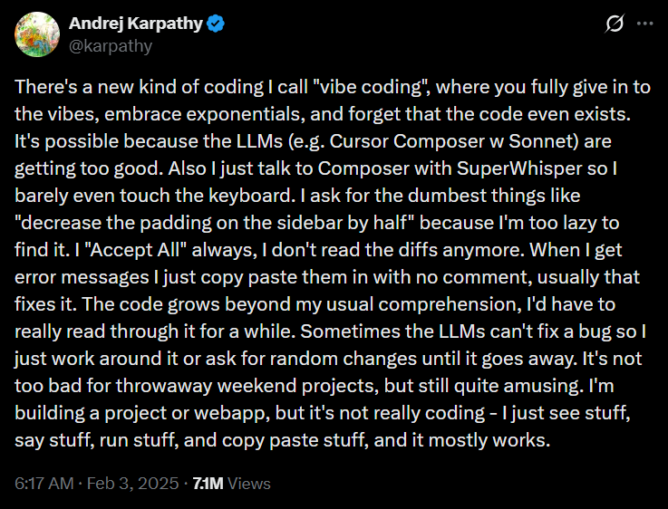 Dòng tweet của Andrej Karpathy về vibe coding, tháng 2/2025